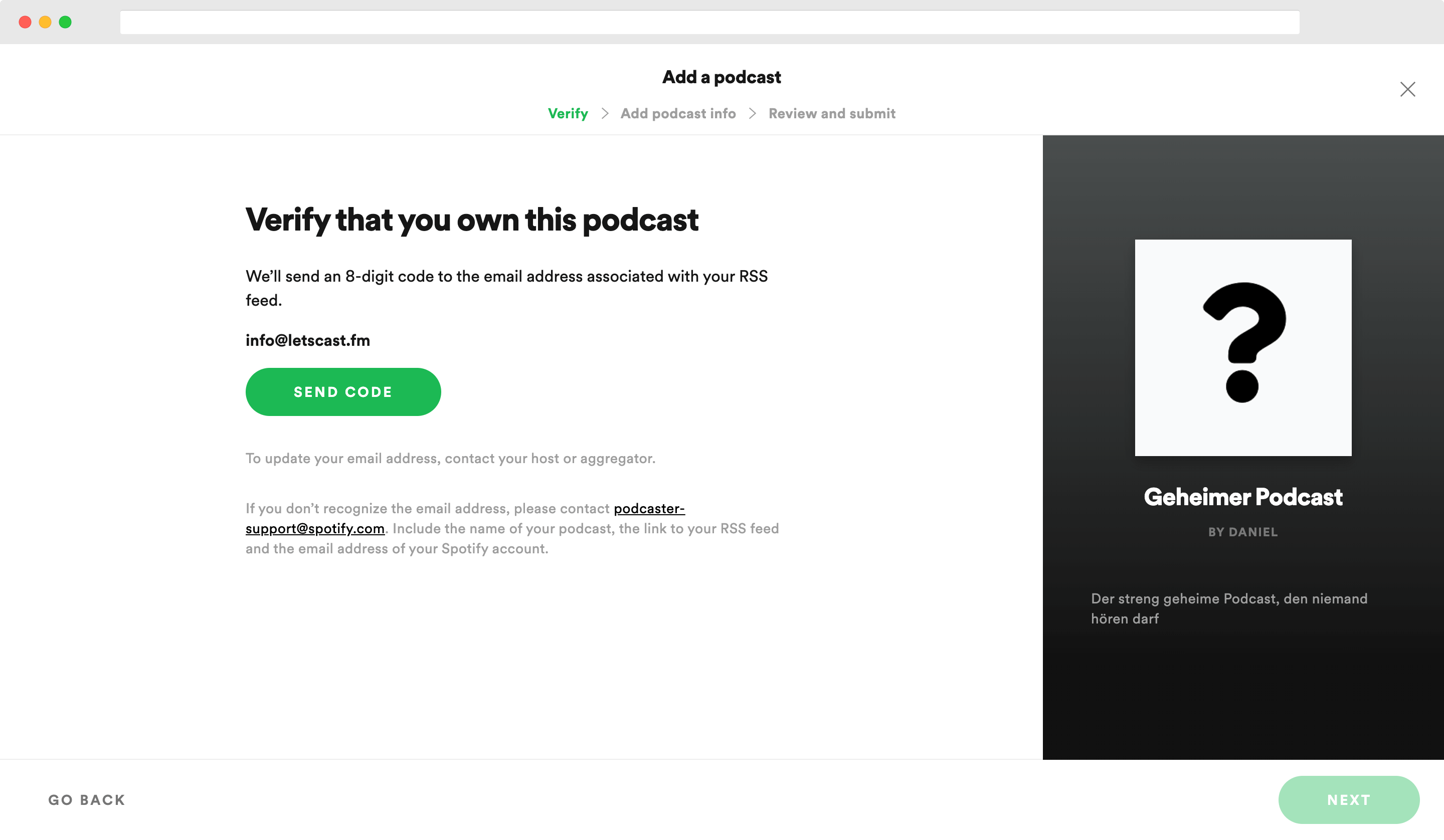 Spotify for Podcasters E-Mail Registrierung
