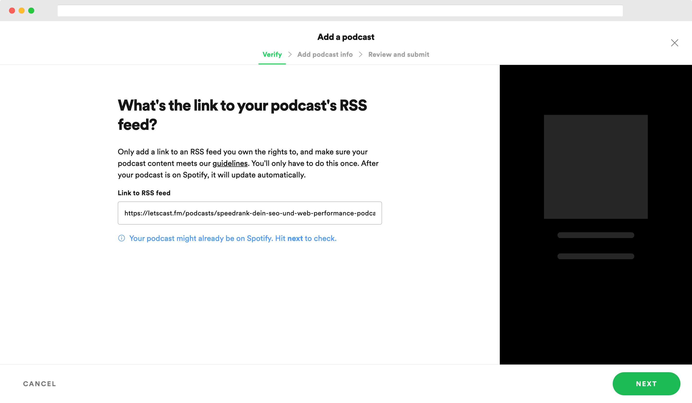 Spotify for Podcasters RSS Feed Registrierung